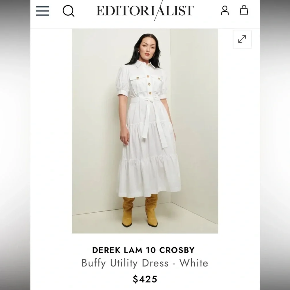 Derek Lam 10 Crosby White Utility Midi Dress - Size 14 Belted Puff Sleeve - Picture 5 of 5